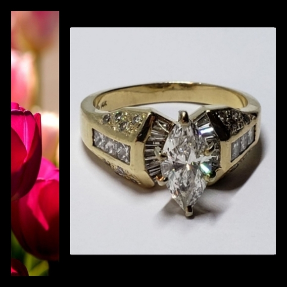 Vintage Jewelry - New price! Diamond Marquis 14K Solid Gold Ring